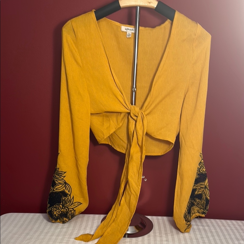 Yellow Tie Front Crop Blouse with Black Embellished Sleeves